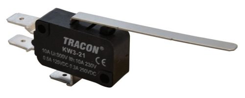 TRACON KW3-21 - Helyzetkapcsoló, mikro, rugószáras 1×CO 10A/230VAC, 0,3A/250VDC, 52mm, 6,3x0,8 mm, IP00