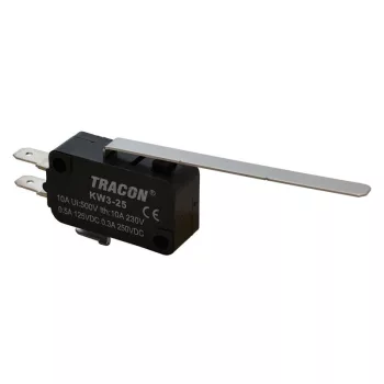   TRACON KW3-25 - Helyzetkapcsoló, mikro, rugószáras 1×CO 10A/230VAC, 0,3A/250VDC, 52mm, 4,8x0,5 mm, IP00