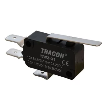   TRACON KW3-31 - Helyzetkapcsoló, mikro, rugószáras 1×CO 10A/230VAC, 0,3A/250VDC, 28mm, 6,3x0,8 mm, IP00