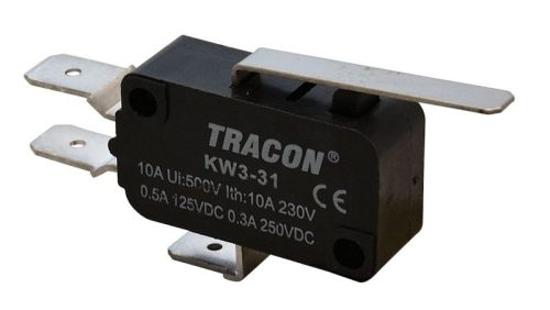 TRACON KW3-31 - Helyzetkapcsoló, mikro, rugószáras 1×CO 10A/230VAC, 0,3A/250VDC, 28mm, 6,3x0,8 mm, IP00