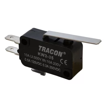   TRACON KW3-35 - Helyzetkapcsoló, mikro, rugószáras 1×CO 10A/230VAC, 0,3A/250VDC, 28mm, 4,8x0,5 mm, IP00