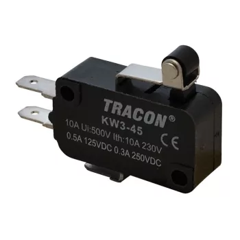   TRACON KW3-45 - Helyzetkapcsoló, mikro, karos-görgős 1×CO 10A/230VAC, 0,3A/250VDC, 15mm, 4,8x0,5 mm, IP00