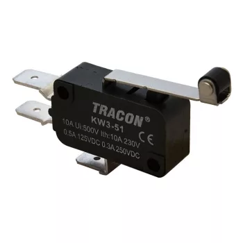   TRACON KW3-51 - Helyzetkapcsoló, mikro, karos-görgős 1×CO 10A/230VAC, 0,3A/250VDC, 28mm, 6,3x0,8 mm, IP00