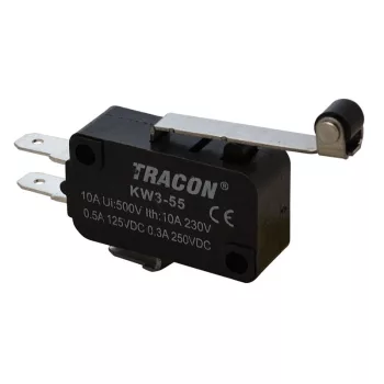   TRACON KW3-55 - Helyzetkapcsoló, mikro, karos-görgős 1×CO 10A/230VAC, 0,3A/250VDC, 28mm, 4,8x0,5 mm, IP00