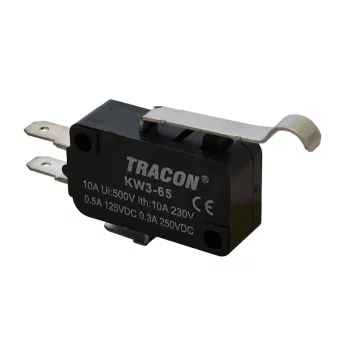   TRACON KW3-65 - Helyzetkapcsoló, mikro, íves-rugószár 1×CO 10A/230VAC, 0,3A/250VDC, 28mm, 4,8x0,5 mm, IP00