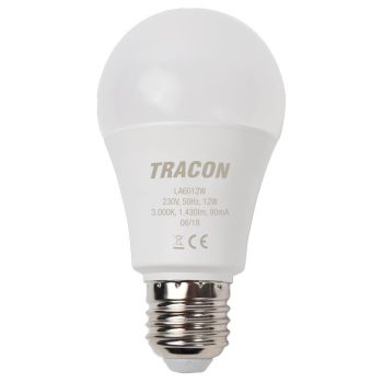   TRACON LA6012W - Gömb burájú LED fényforrás 230 V, 50 Hz, 12 W, 3000 K, E27, 1430 lm, 200°, A60, EEI=E