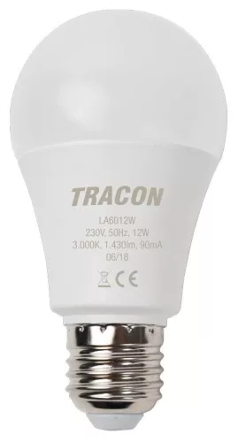 TRACON LA6012W - Gömb burájú LED fényforrás 230 V, 50 Hz, 12 W, 3000 K, E27, 1430 lm, 200°, A60, EEI=E