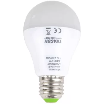   TRACON LA60M7NW - LED fényforrás beépített mozgásérzékelővel 110-240 V, 50/60 Hz, 7W,600lm,4000K,360°,60s,5m,<20lx, EEI=F