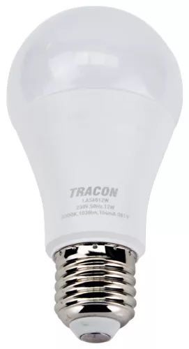 TRACON LAS6012W - Gömb burájú LED fényforrás SAMSUNG chippel 230V,50Hz,12W,3000K,E27,1160 lm,200°,A60,SAMSUNG chip, EEI=F
