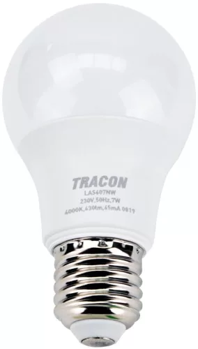 TRACON LAS607NW - Gömb burájú LED fényforrás SAMSUNG chippel 230V,50Hz,7W,4000K,E27,630 lm,200°,A60,SAMSUNG chip, EEI=F