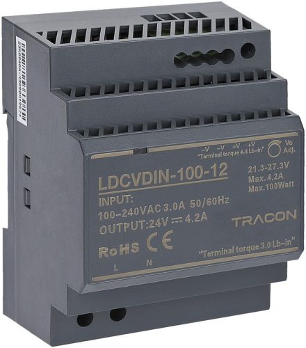 TRACON LDCVDIN-100-12 - DIN sínre szerelhető tápegységszabályozható DC kimenettel 90-264VAC,3A/DC12V,7,1A/85,2W