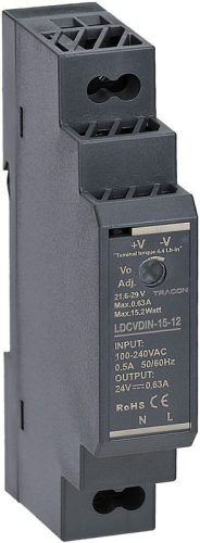 TRACON LDCVDIN-15-12 - DIN sínre szerelhető tápegységszabályozható DC kimenettel 90-264VAC,0,5A/DC12V,1,25A/15W