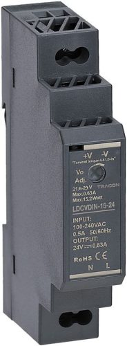 TRACON LDCVDIN-15-24 - DIN sínre szerelhető tápegységszabályozható DC kimenettel 90-264VAC,0,5A/DC24V,0,63A/15,2W