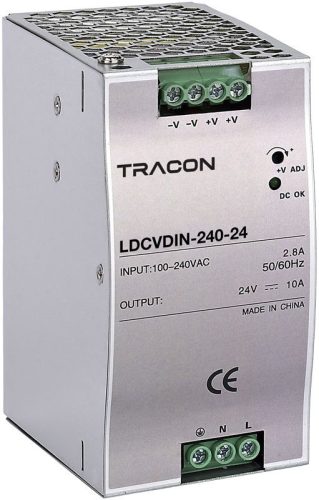 TRACON LDCVDIN-240-24 - DIN sínre szerelhető tápegységszabályozható DC kimenettel 90-264VAC,2,8A/DC24V,10A/240W