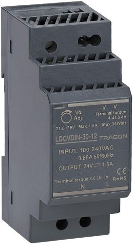 TRACON LDCVDIN-30-12 - DIN sínre szerelhető tápegységszabályozható DC kimenettel 90-264VAC,0,88A/DC12V,2A/24W