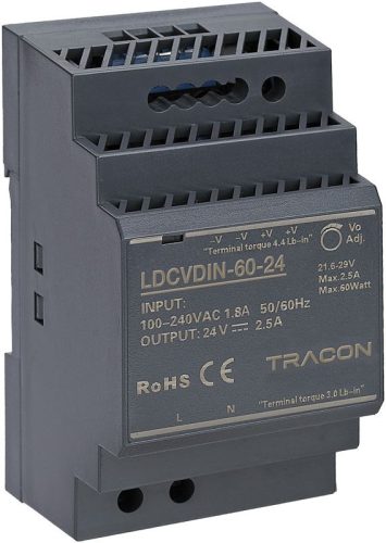 TRACON LDCVDIN-60-24 - DIN sínre szerelhető tápegységszabályozható DC kimenettel 90-264VAC,1,2A/DC24V,2,5A/60W