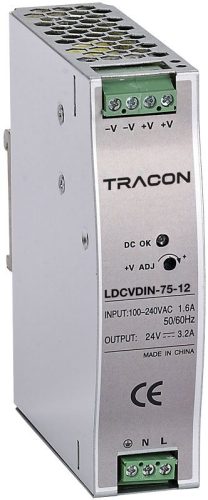 TRACON LDCVDIN-75-12 - DIN sínre szerelhető tápegységszabályozható DC kimenettel 90-264VAC,1,6A/DC12V,6,3A/75W