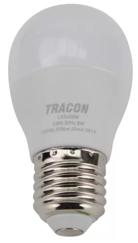 TRACON LGS458W - Gömb burájú LED fényforrás SAMSUNG chippel 230V,50Hz,8W,3000K,E27,710lm,180°,G45,SAMSUNG chip, EEI=F