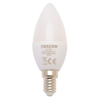   TRACON LGY7NW - Gyertya burájú LED fényforrás, tejüveg 230 V, 50 Hz, 7 W, 4000 K, E14, 600 lm, 180°, EEI=F