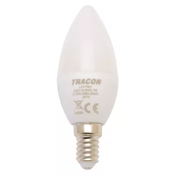   TRACON LGY7NW - Gyertya burájú LED fényforrás, tejüveg 230 V, 50 Hz, 7 W, 4000 K, E14, 600 lm, 180°, EEI=F