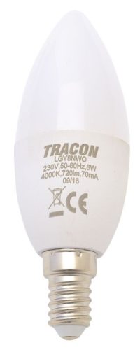 TRACON LGY8NW - Gyertya burájú LED fényforrás, tejüveg 230 V, 50 Hz, 8 W, 4000 K, E14, 710 lm, 180°, EEI=F