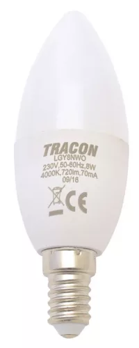 TRACON LGY8NW - Gyertya burájú LED fényforrás, tejüveg 230 V, 50 Hz, 8 W, 4000 K, E14, 710 lm, 180°, EEI=F