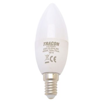   TRACON LGY8W - Gyertya burájú LED fényforrás, tejüveg 230 V, 50 Hz, 8 W, 2700 K, E14, 710 lm, 180°, EEI=F