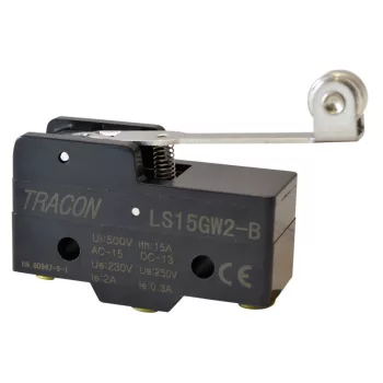   TRACON LS15GW2-B - Helyzetkapcsoló, rugószáras-görgős 1xCO, 2A/230V AC-15, 0,3A/250V DC-13, 35mm, IP00