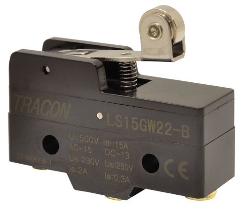 TRACON LS15GW22-B - Helyzetkapcsoló, rugószáras-görgős 1xCO, 2A/230V AC-15, 0,3A/250V DC-13, 19mm, IP00