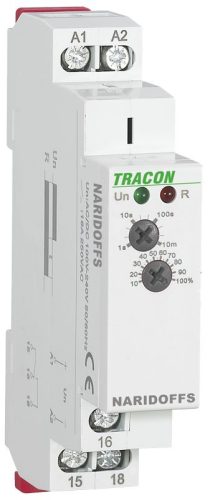 TRACON NARIDOFFS - Elengedéskésleltetéses tápfeszültség vezérelt időrelé AC/DC 12-240V, 0,1s-10m, 16A/AC1, 250VAC/24VDC