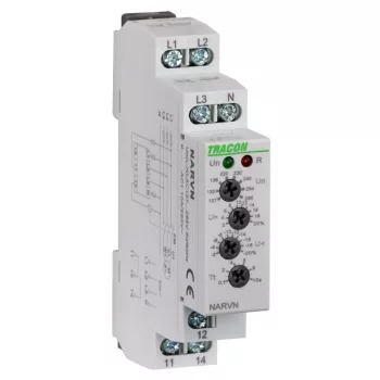   TRACON NARVN - Feszültségfigyelő relé 3 fázisra AC 230V L-N, U>,< ,= +/-2-20%, t=0,1-10s, Asymm 8%