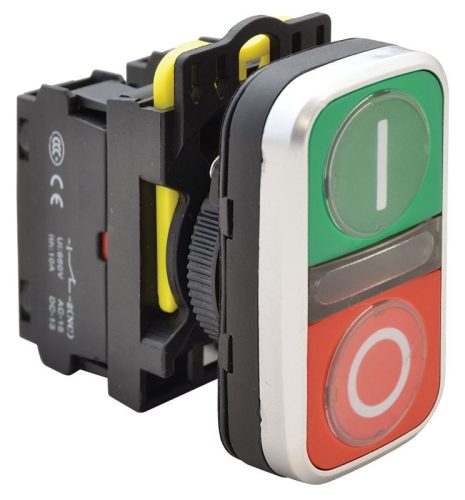 TRACON NYG3-DL1 - Kettős világító BE-KI nyomógomb, I-O, zöld+piros 1×NO+1×NC, 5A/230V AC-15, IP65, LED 230V AC/DC
