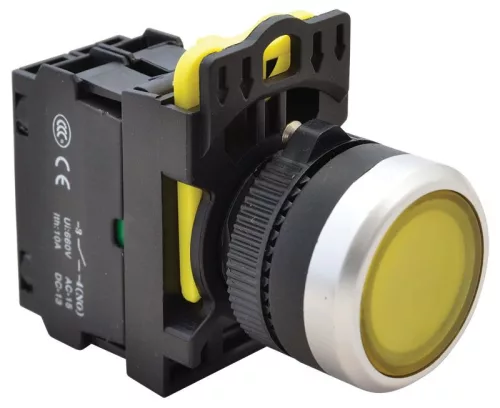 TRACON NYG3-LY - Világító nyomógomb, sárga 1×NO, 5A/230V AC-15, IP65, LED 230V AC/DC