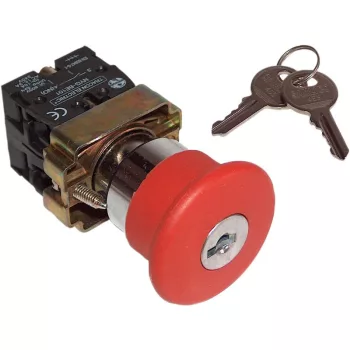   TRACON NYGBS142P - Reteszelt gombafejű vészgomb, fémalap, piros, kulcsos 1×NC, 3A/400V AC, IP42, d=40mm