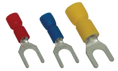 TRACON PV5 - Szigetelt villás saru, ónozott elektrolitréz, piros 1,5mm2, M5, (d1=1,7mm, d2=5,3mm), PVC