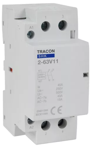 TRACON SHK2-63V11 - Installációs kontaktor 230V AC, 50Hz, 2 Mod, 1×NO+1×NC, AC1/AC7a, 63A