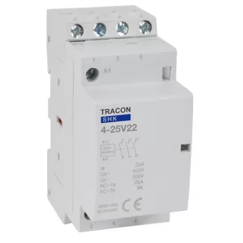   TRACON SHK4-25V22 - Installációs kontaktor 230V AC, 50Hz, 2 Mod, 2×NO+2×NC, AC1/AC7a, 25A