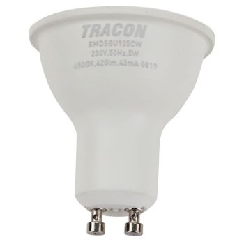   TRACON SMDSGU105CW - Műanyag házas SMD LED spot fényforrás SAMSUNG chippel 230V,50Hz,GU10,5W,470lm,6500K,120°,SAMSUNG chip, EEI=F