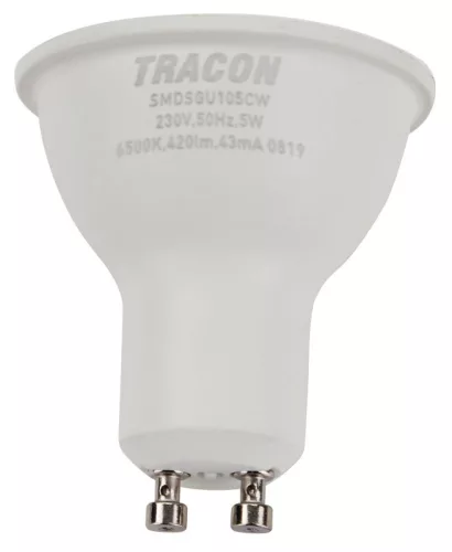 TRACON SMDSGU105CW - Műanyag házas SMD LED spot fényforrás SAMSUNG chippel 230V,50Hz,GU10,5W,470lm,6500K,120°,SAMSUNG chip, EEI=F