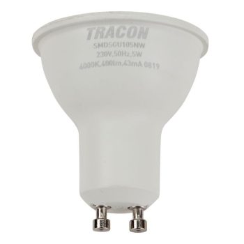   TRACON SMDSGU105NW - Műanyag házas SMD LED spot fényforrás SAMSUNG chippel 230V,50Hz,GU10,5W,450lm,4000K,120°,SAMSUNG chip, EEI=F