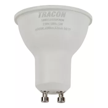   TRACON SMDSGU105NW - Műanyag házas SMD LED spot fényforrás SAMSUNG chippel 230V,50Hz,GU10,5W,450lm,4000K,120°,SAMSUNG chip, EEI=F