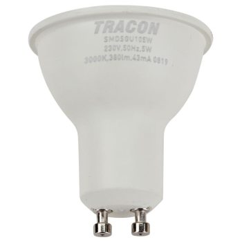   TRACON SMDSGU105W - Műanyag házas SMD LED spot fényforrás SAMSUNG chippel 230V,50Hz,GU10,5W,430lm,3000K,120°,SAMSUNG chip, EEI=F