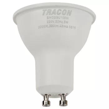   TRACON SMDSGU105W - Műanyag házas SMD LED spot fényforrás SAMSUNG chippel 230V,50Hz,GU10,5W,430lm,3000K,120°,SAMSUNG chip, EEI=F