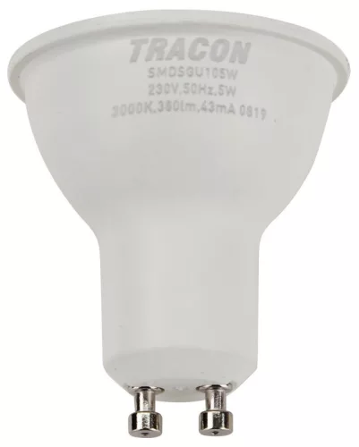 TRACON SMDSGU105W - Műanyag házas SMD LED spot fényforrás SAMSUNG chippel 230V,50Hz,GU10,5W,430lm,3000K,120°,SAMSUNG chip, EEI=F