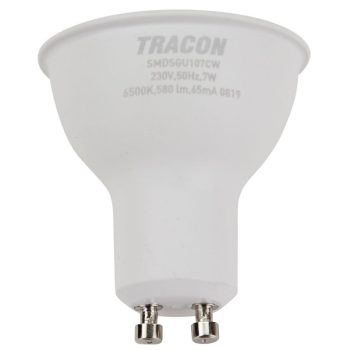   TRACON SMDSGU107CW - Műanyag házas SMD LED spot fényforrás SAMSUNG chippel 230V,50Hz,GU10,7W,650lm,6500K,120°,SAMSUNG chip, EEI=F