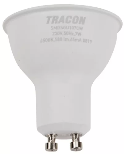 TRACON SMDSGU107CW - Műanyag házas SMD LED spot fényforrás SAMSUNG chippel 230V,50Hz,GU10,7W,650lm,6500K,120°,SAMSUNG chip, EEI=F