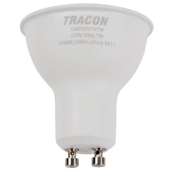   TRACON SMDSGU107W - Műanyag házas SMD LED spot fényforrás SAMSUNG chippel 230V,50Hz,GU10,7W,600lm,3000K,120°,SAMSUNG chip, EEI=F