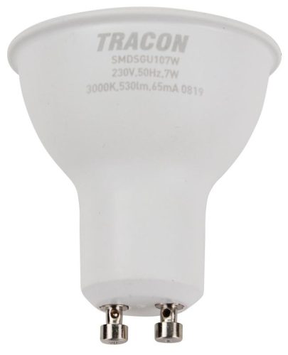 TRACON SMDSGU107W - Műanyag házas SMD LED spot fényforrás SAMSUNG chippel 230V,50Hz,GU10,7W,600lm,3000K,120°,SAMSUNG chip, EEI=F