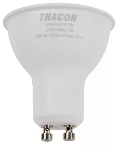 TRACON SMDSGU107W - Műanyag házas SMD LED spot fényforrás SAMSUNG chippel 230V,50Hz,GU10,7W,600lm,3000K,120°,SAMSUNG chip, EEI=F