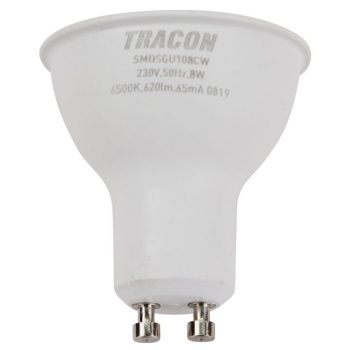   TRACON SMDSGU108CW - Műanyag házas SMD LED spot fényforrás SAMSUNG chippel 230V,50Hz,GU10,8W,740lm,6500K,120°,SAMSUNG chip, EEI=F